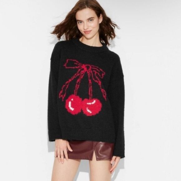 Wild Fable Oversize Black Red Cherry & Bow Sweater Women's XS Fuzzy Texture - Picture 1 of 11